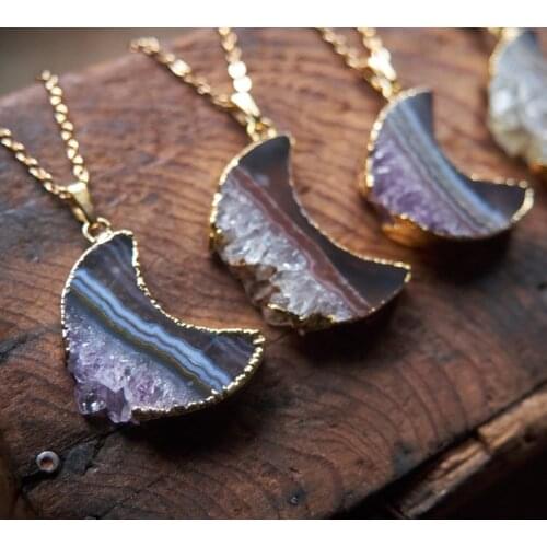 WT-N1300 Amazing Celestial natural slice Amethyst moon necklace Lady gold trim half moon druzy crescent Amethyst necklace