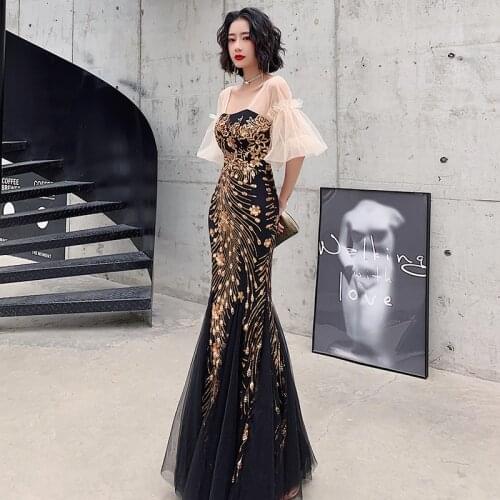 Sequined Mermaid Evening Dresses Long Charming Tulle Robe Elegant Lace Sleeves Zipper Back Vestidos De Fiesta 5 color available