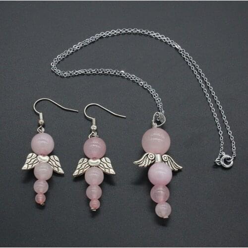 100-Uniqe 1 Set Beautiful Silver Plated Rose Pink Quartz Round Beads Pendant with Angel Wing Necklace Earrings Jewelry Set