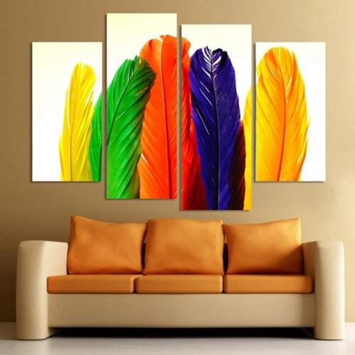 4 Piece Home Decor Oil Painting Colored Feathers HD Print on Canvas Wall Art Picture for Living Room