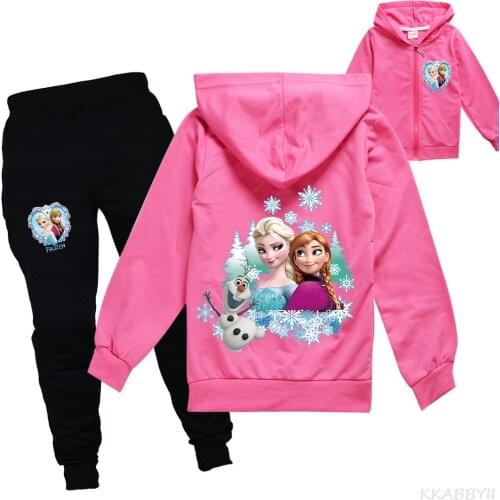 Disney Childrens Spring And Autumn Style Long Sleeve Coat + Pantsuit Frozen Princess Sister Anna Aisha