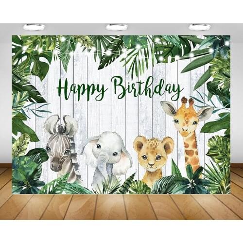 Safari Wild Animal Happy Birthday Party Backdrop Jungle Green Leaves Newborn Baby Shower Photo Background White Wood Photography
