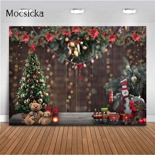 Winter Christmas Tree Portrait Bokeh Photography Backdrop Red Train Snowman Background for Photo Studio Photocall Newborn Kids