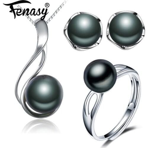 FENASY 925 Sterling Silver Jewelry Sets Natural Pearl Stud Earrings Trendy Party Pendant Chain Necklaces For Women Ring Set
