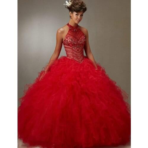 Red Cheap Quinceanera Dresses Ball Gown Halter Organza Ruffles Beaded Crystals Sweet 16 Dresses