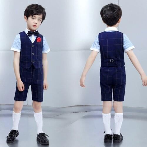 Boys Summer Short Sleeve Vest Set Children Formal Wedding Birthday Party Performance Costume Kids Shirts Vest Shorts Clothes Set