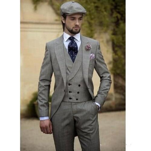 Three Piece Best Men Suits Vintage Grey Mens Wedding Tuxedos Slim Fit Groom Wear Business Suit ( Jackets+Vest+Pants) Costume