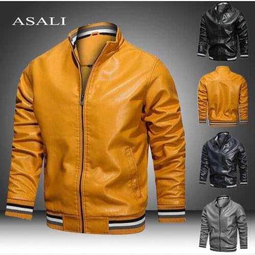 2021 Autumn Motorcycle Leather Jacket Men Collar Solid Color Mens Leather Jacket Casual Zipper Leather Bomber Jacket Stand-Up
