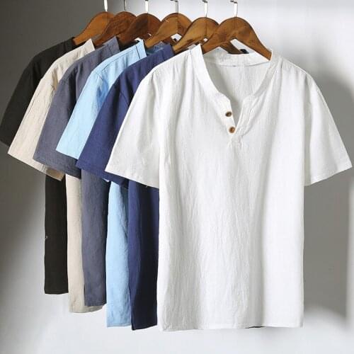 Cotton Linen Mens V Neck Short Sleeve T-Shirts Solid Casual Men Tops Plus Size M-6XL New Fashion 2020 Summer Breathable Slim XL