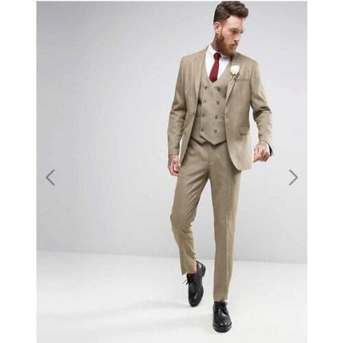 Latest Coat Pant Designs Champagne Brown Men Suit Double Breasted Slim Fit 3 Piece Tuxedo Custom Stylish Groom Suits Vestidos 85
