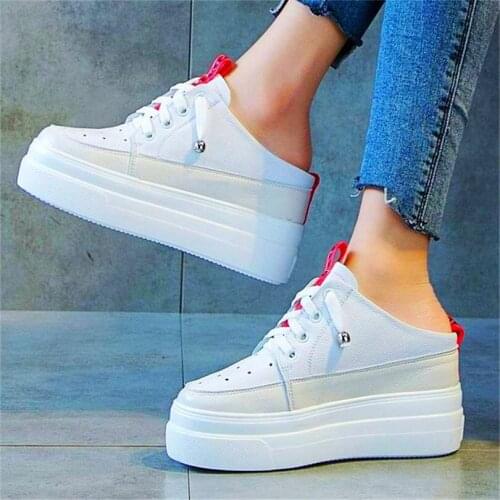 EUR 34-42 Mules Sport Sandals Womens Cow Leather Slippers Platform Wedge Fashion Sneakers Slip On Casual Beach Shoes