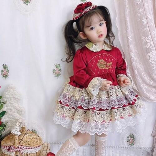 Girl Autumn/Winter Lolita Velvet Dress Spanish Children Dress Princess New Years Red Birthday Dress Christmas Dress Eid Dress