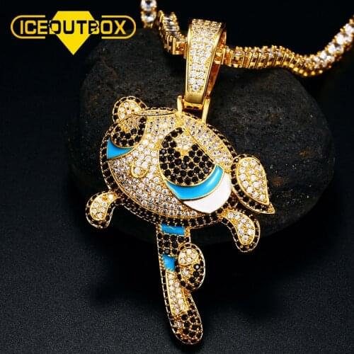 ICEOUTBOX Cartoon Pendant Necklace Full Of Crystal Cubic Zircon Hip Hop Fashion Jewelry Gold Silver Color For Women Mens Gift