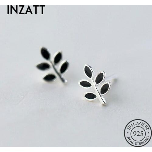 INZATT Minimalist Black Enamel Tiny Leaf Tree Stud Earrings 100% 925 Sterling Silver Prevent Allergy For Women FINE Jewelry