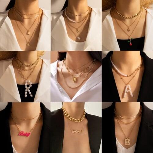 Tocona Bohemian Letter Baby Pendant Necklace for Women Luxury Pearl Stone Multilayer Gold Alloy Sweater Chain Jewelry Collar