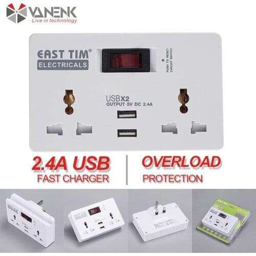 Overload Protector Universal Power Strip Extension Cord Wall Socket Adapter Plug with 2 USB Output 2.4A MAX
