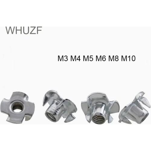 WHUZF Free Shipping 50/100pcs M3 M4 M5 M6 M8 M10 Zinc Plated Four Claws Nut Speaker Nut T-nut Blind Pronged Tee Nut Furniture