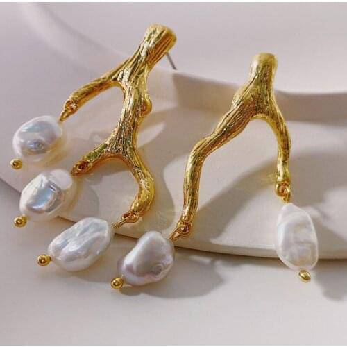 Women natural baroque pearl gold plated branch style earrings stud entry lux jewelry