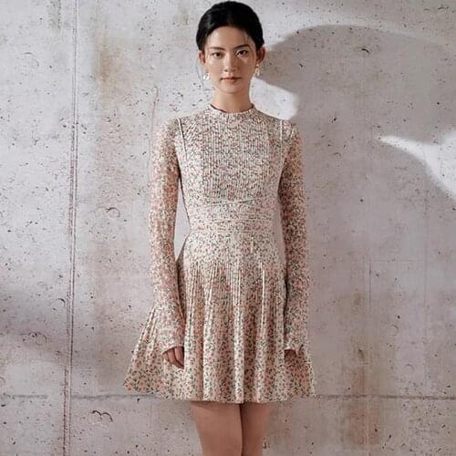 Vintage Draped Floral Printed Chiffon Dresses for Women 2021 Spring Autumn Elegant Long Sleeve Mini Dress Female