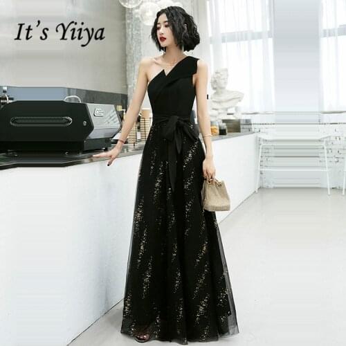 Its Yiiya Black Formal Dress One Shoulder Evening Dress 2020 Sleeveless Plus Size Sequined Zipper Floor Length Dress K370