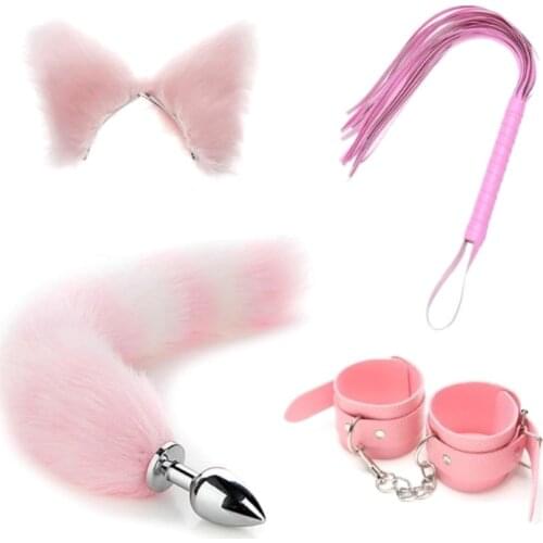 1Set Collar Chain Slave Ankle Handcuff Bondage Nipple Clips Butt Plug Whip Sex BDSM Kit Fetish SM Toys for Women Couples