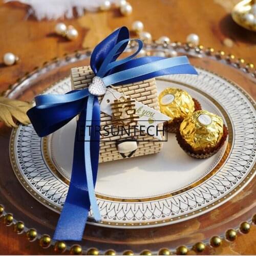 100pcs European Love Bamboo Favor Chocolate Wedding Party Gift Box Heart Shape Sweets Wrapper with Double Ribbons