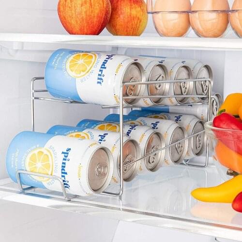 2 Tier Iron Beer Cola Cans Rolling Storage Rack Refrigerator Organizer Beverage Cans Storage Rack Iron Shelves Kitchen Storage