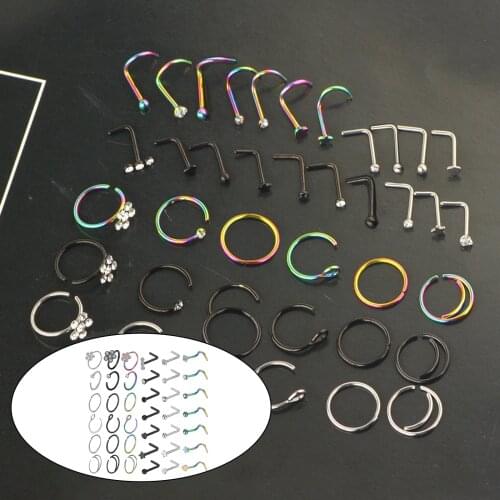 39 X Nose Ring CZ Nose Stud Retainer L Shape Nose Stud Nose Piercing Jewelry Set for Women Stainless Steel Silver Tone