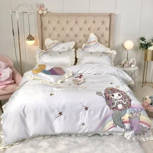 2020 Glossy Satin Cotton Mermaid Ruffles Bedding Set Embroidery Duvet Cover Set Bed Sheet Pillowcases Queen King Size 4pcs