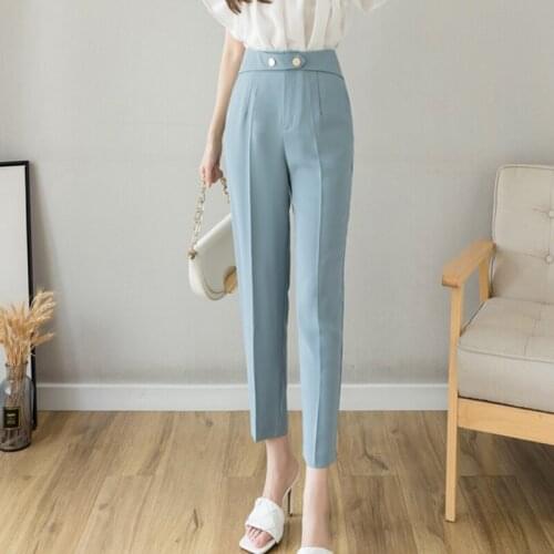 Limiguyue Ice Silk Women Pants Suit Niche Summer Blue Radish Pants Professional Chic Elegant Work Trousers Female Femme K1424