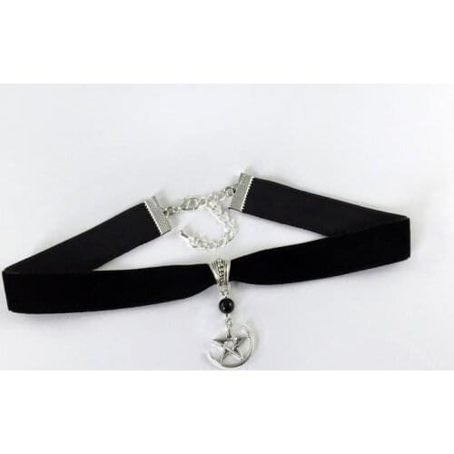 Wiccan Pentagram Choker with Crescent Moon Detail & Black Onyx - Gothic Pentacle Choker , Pentagram Necklace, Wiccan Jewelry