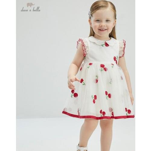 DBJ17755 dave bella summer baby girls cute fruit embroidery mesh dress children fashion party dress kids infant lolita clothes