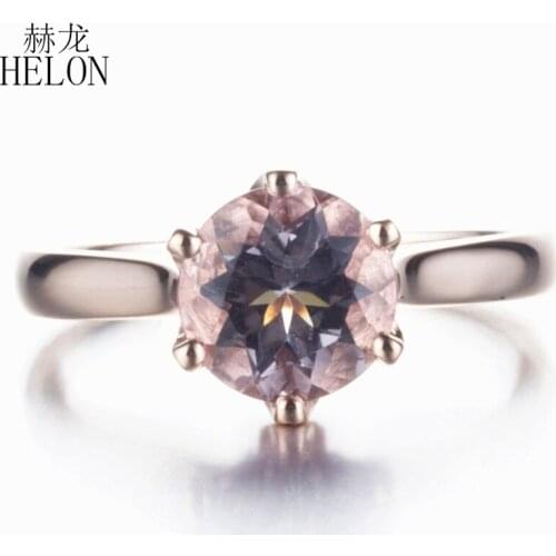 HELON 8mm Round Genuine Morganite Solid 14K Rose Gold SI/H Full Cut Natural Diamonds Engagement Wedding Ring Women Fine Jewelry