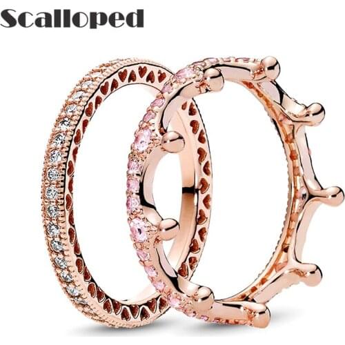 SCALLOPED Fashion Rose Gold Princess Crown Wedding Rings Women Engagement Party Stacking Zircon Jewelry Valentines Day Gifts