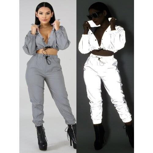 Fashion Suit Womens 2020 Sexy Full Reflective Long Sleeves Ultra Short Top Button Lace Up Night Club Party Hip Hop Solid Color