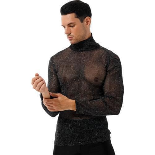 Men Fashion Streetwear Shiny Transparent See-through T-shirt High Neck Long Sleeve Tops Sexy Party Clubwear Black/White Tops