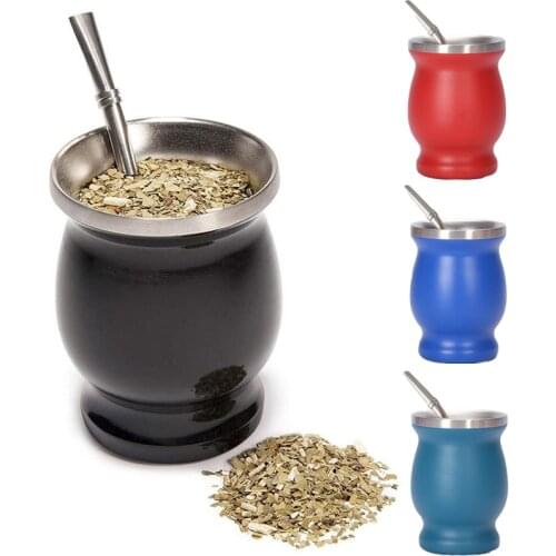 Double-Walled Yerba Mate Natural Gourd Stainless Steel Tea Cup Set 8 Ounces Mug With Cleaning Brush And Straw Bombillas