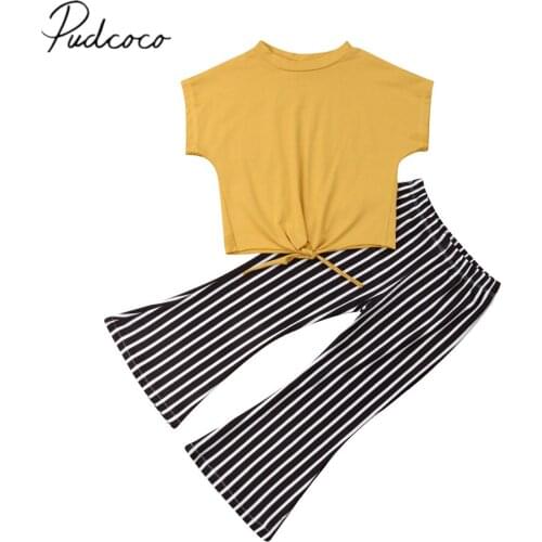 2019 Brand New 2-7Y Infant Kids Baby Girls Sets Yellow Short Sleeve Knot T-Shirts Tops+Striped Wide Long Pants Summer Clothes