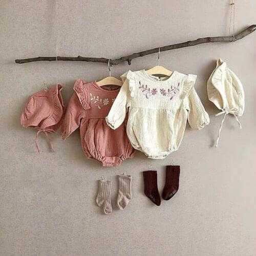 2020 New Fashion Spring Autumn Newborn Baby Girl Cotton Linen Outfit Set Embroidery Long Sleeve Romper Jumpsuit +Hats 2PCS/Set