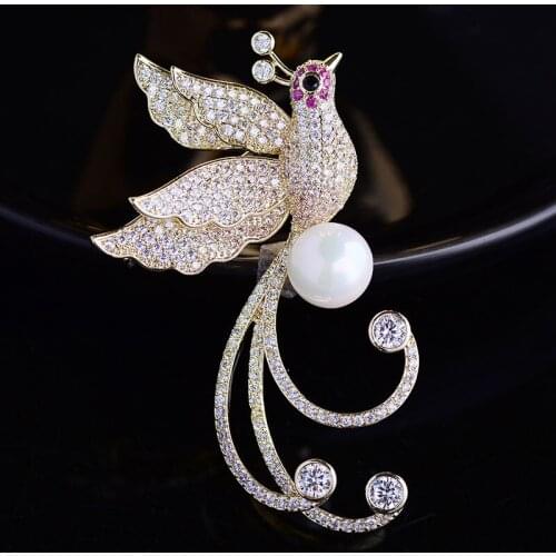 OKILY Fashion Animal Bird Brooches for Women Jewelry Accessories Micro Pave Zirconia Phoenix with Pearl Broochpin New Year Gift