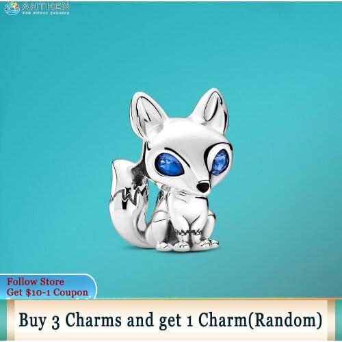 Ahthen 925 Sterling Silver Beads Blue-Eyed Fox Charm fit Original Pandora Bracelets for Women Jewelry Making Birthday Gift
