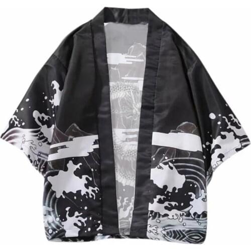 Casual Men Wave Dragon 3/4 Sleeve Open Front Kimono Yukata Cardigan Coat Shirt