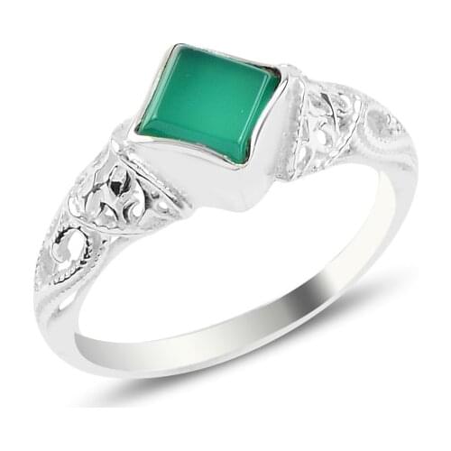Silver 925 Sterling Green Agate Solitaire Ring