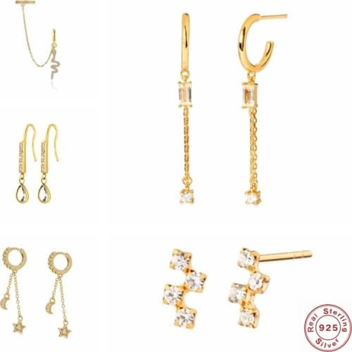 Genuine 925 Sterling Silver Trendy Moon Star Huggies Dangle Drop Earrings For Lovers' Couple Anniversary Wedding Earring Jewelry