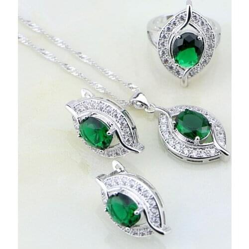 Eye Shaped Green Cubic Zirconia White CZ 925 Sterling Silver Jewelry Sets For Women Wedding Earrings/Pendant/Necklace/Ring
