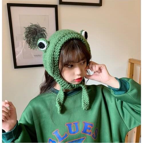 Cute Frog Hat Women Crochet Knitted Beanie Hats Funny Hip-hop Skullies Caps Winter Warm Weave Earflap Cap Costume Accessory