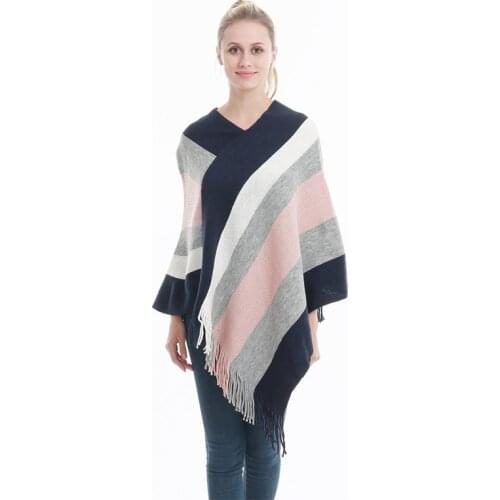 Pull Femme 2021 Autumn Winter Women Tassel Knitted Sweater Poncho Sexy Striped V Neck Irregular Hem Casual Loose Pullover Jumper