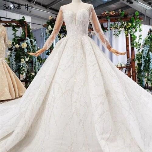Ivory Long Sleeve High-end Sexy Wedding Dresses 2020 Dubai Luxury Beading Sequins Bridal Gowns DHX0116 Custom Made