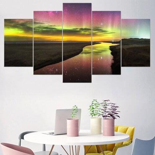 5 Pieces Wall Art Canvas Painting Northern Lights Scenery Poster Modern Home For Decoration Modular Pictures Living Room