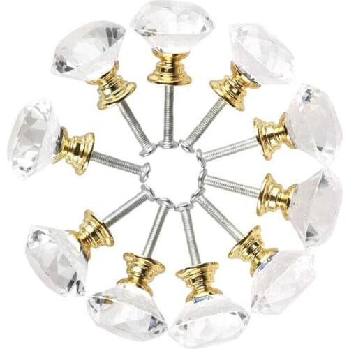 Diamond Shape Crystal Glass 30mm Kitchen Cabinet Door Drawer Knob Cupboard Dresser Wardrobe Pull Handle with Screws, 10pcs door